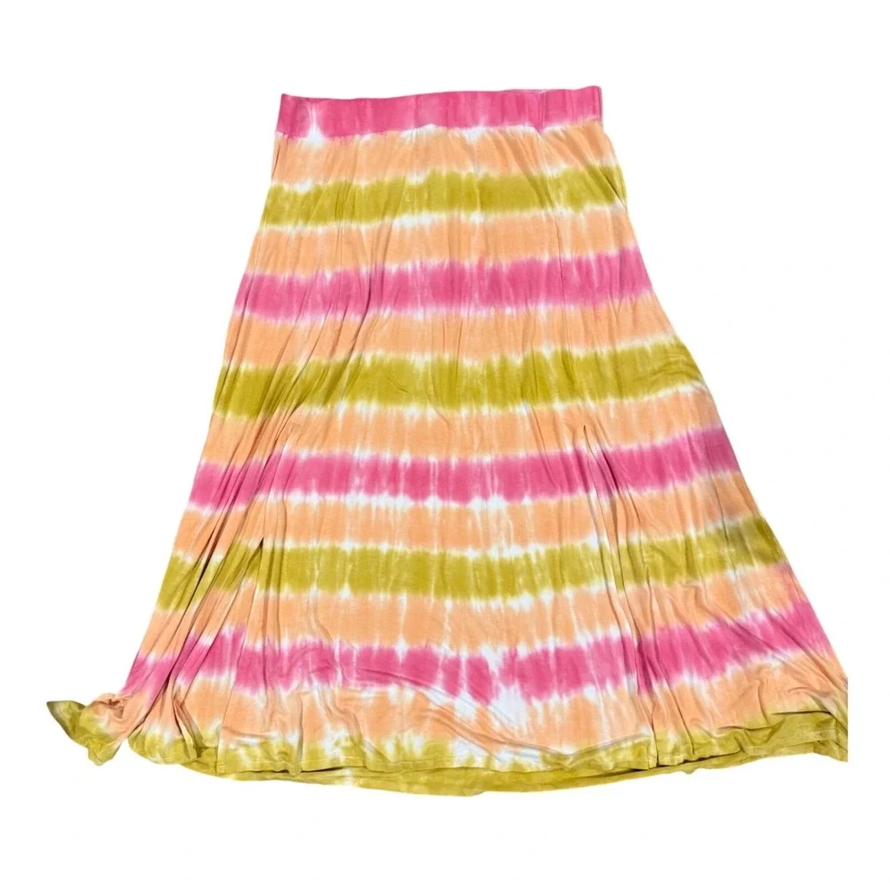 Torrid‎ Womens Size 2 Pink Orange Green Tie Dye Stripe Maxi Skirt Elastic Waist